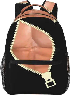 Men's Funny Muscle Print Six Pack Abs Zipper Casual Backpack Sport Backpacks Work Travel Rucksack Lightweight Laptop Daypack Adjustable Straps Bags with Pockets for Cycling Hiking