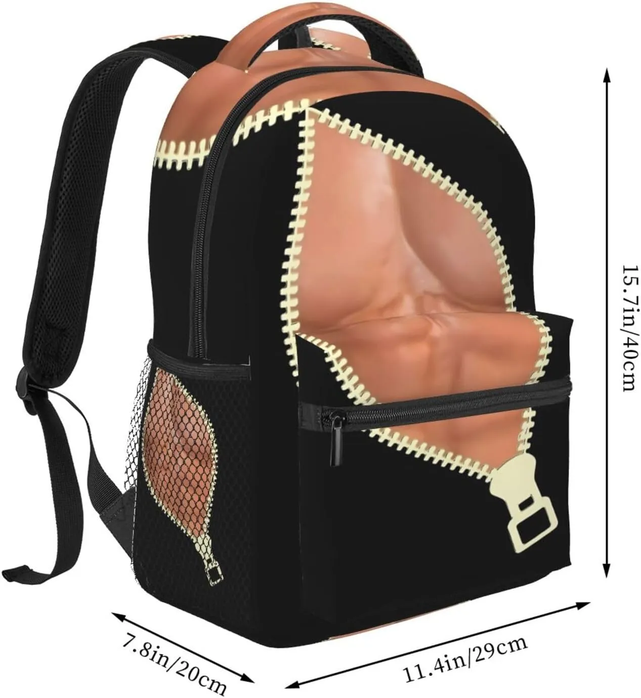 Men's Funny Muscle Print Six Pack Abs Zipper Casual Backpack Sport Backpacks Work Travel Rucksack Lightweight Laptop Daypack Adjustable Straps Bags with Pockets for Cycling Hiking