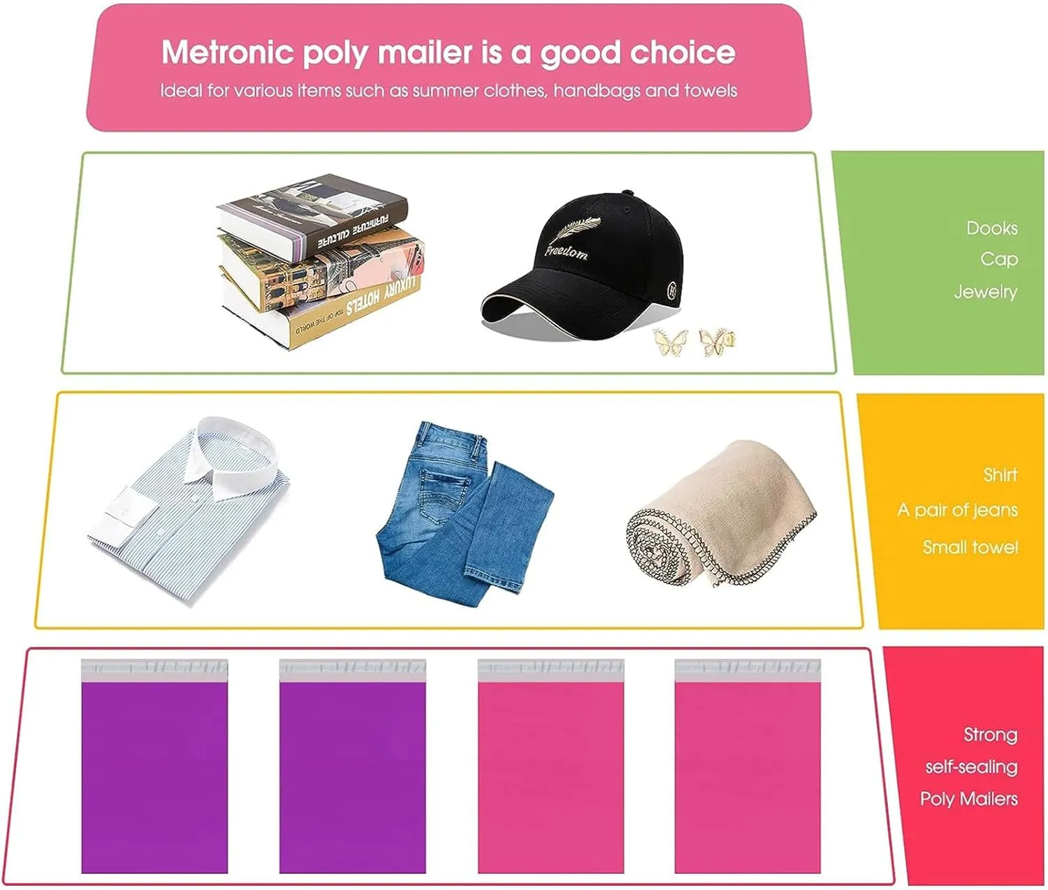 Metronic Poly Mailers 10x13 100 Pcs, Large Shipping Bags for Clothing | Strong Adhensive Mailing Bags for Small Business, Shipping Envelopes, Tear-resistant Packing Bags in Pink