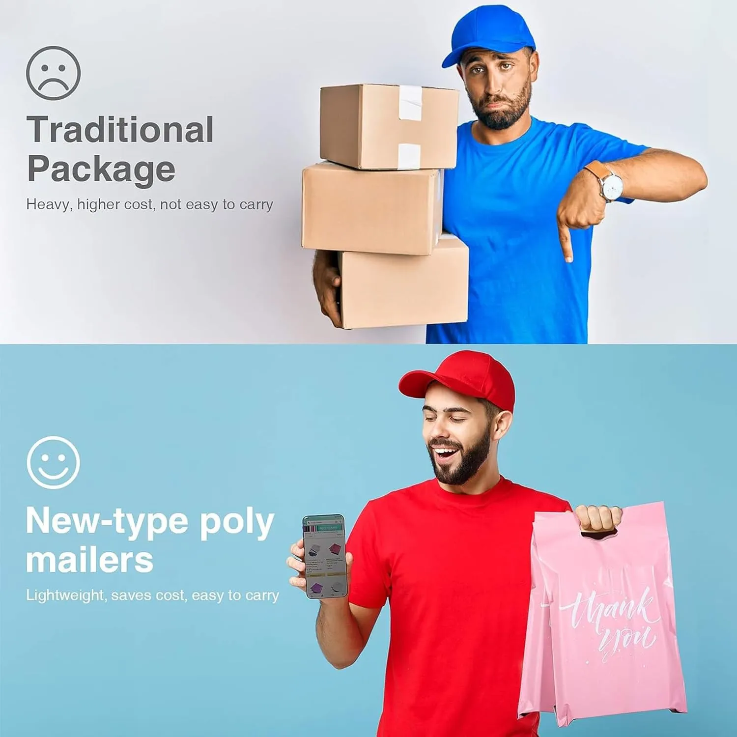 Metronic Poly Mailers 12x15.5 100 Pcs | Upgrade Design Shipping Bags with Handle | Mailing Envelopes for Clothing with Self Adhesive | Easy to Carry, Waterproof and Tear-Proof Postal Bags Light Pink
