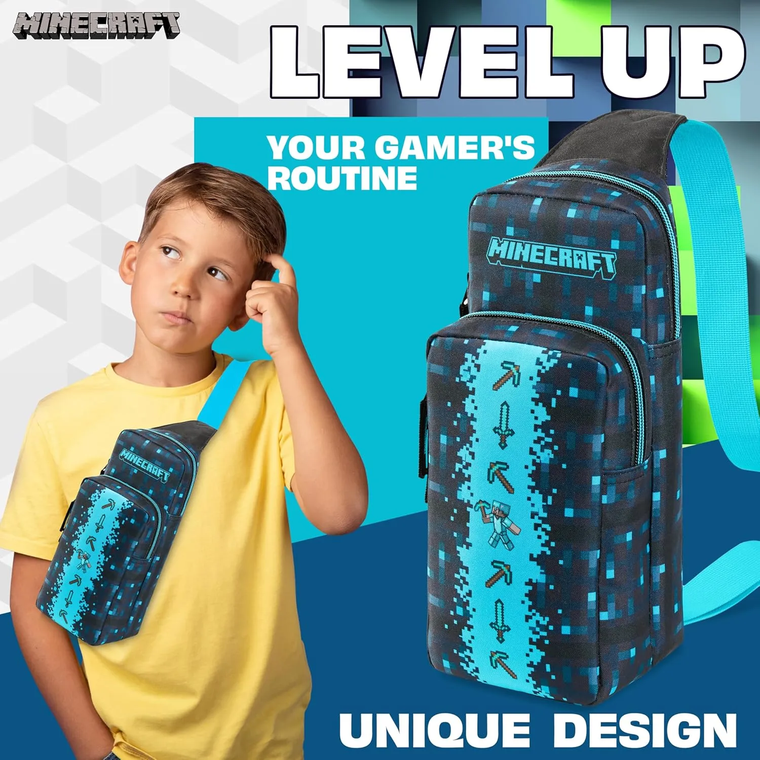 Minecraft Crossbody Bag for Boys Teens Creeper Sling Bag Chest Bag for Travel (Blue)