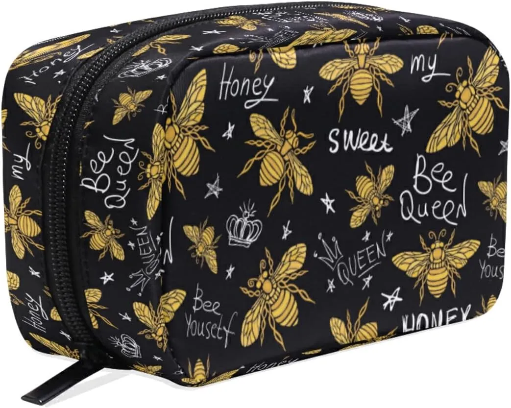MNSRUU Small Cosmetic Bag for Girl Women Travel, Honey Sweet Bee Makeup Toiletry Organizer Bags with Compartments