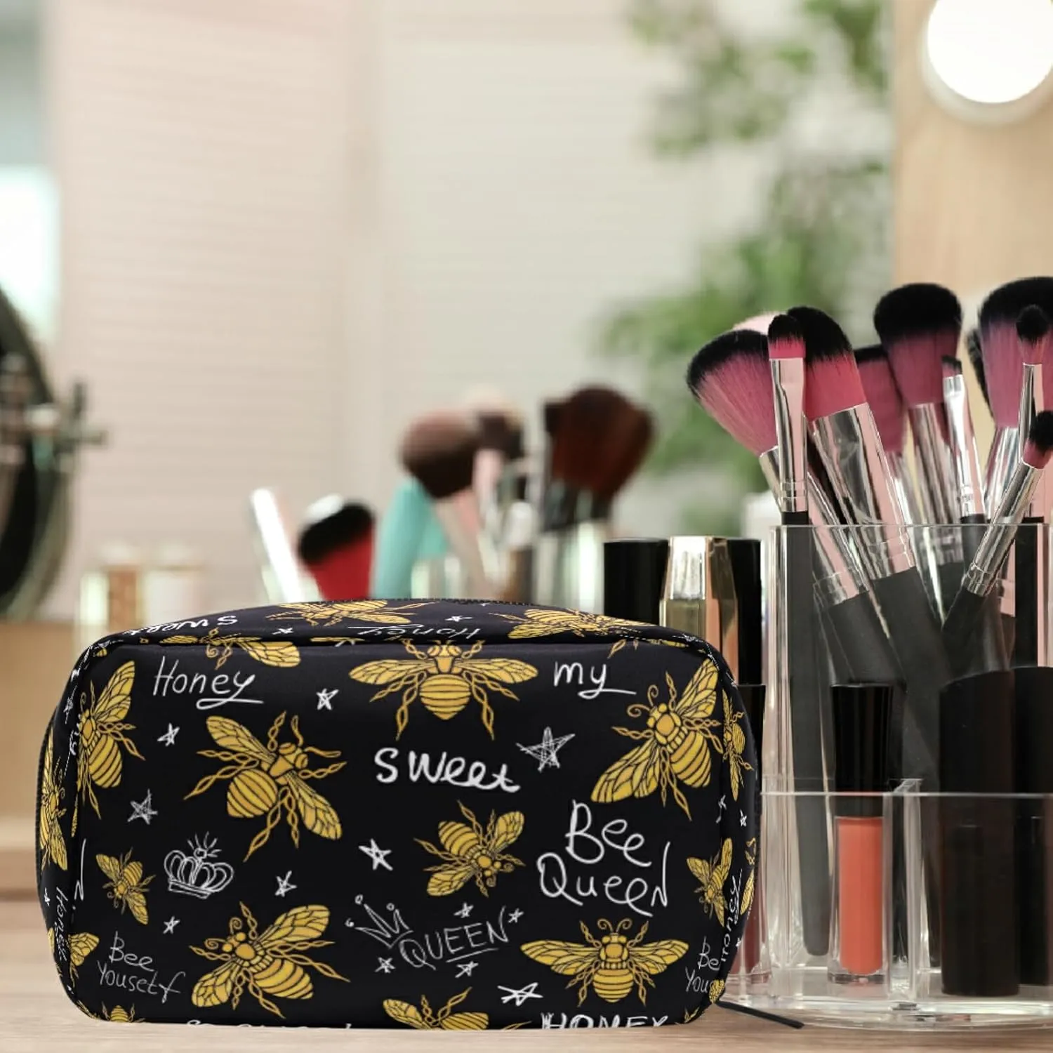 MNSRUU Small Cosmetic Bag for Girl Women Travel, Honey Sweet Bee Makeup Toiletry Organizer Bags with Compartments