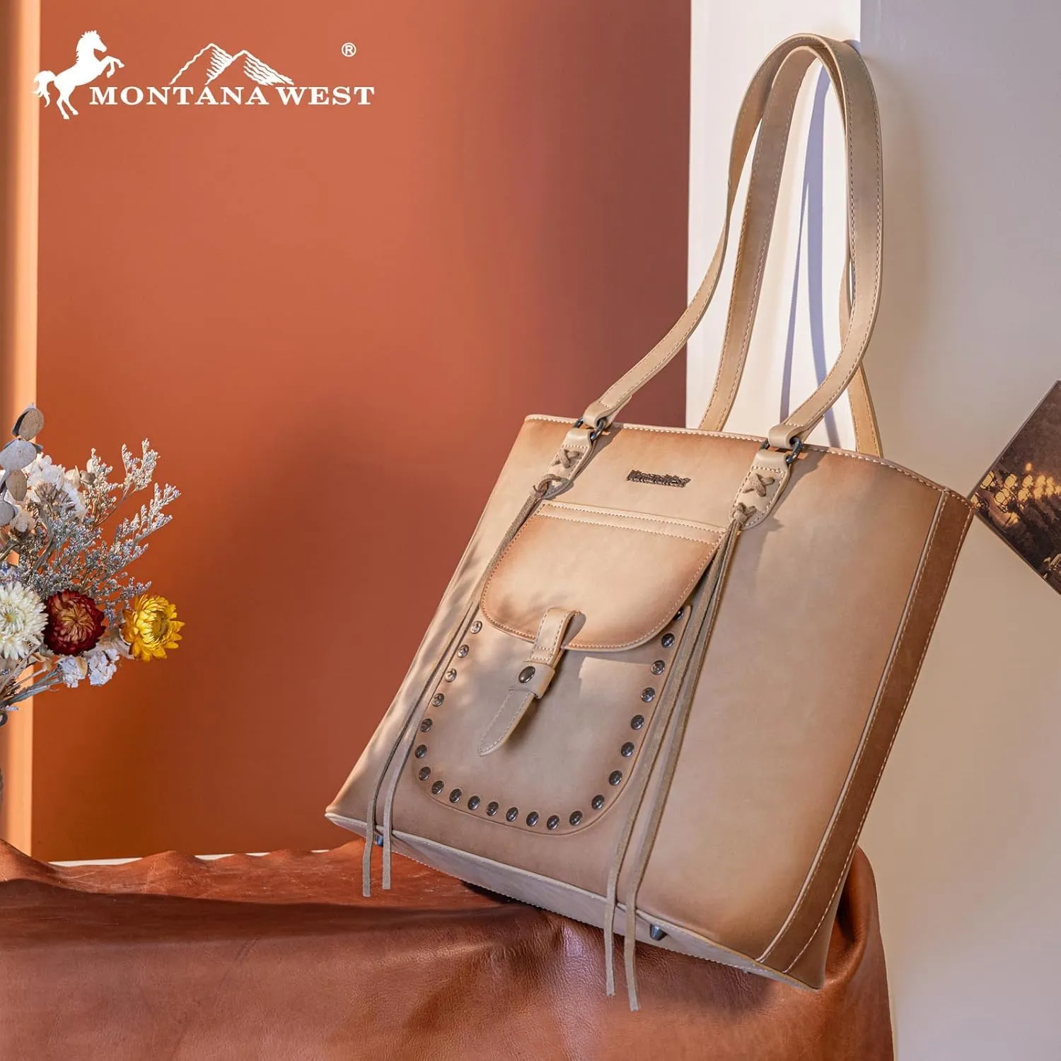Montana West Western Two-Tone Large Tote Bag for Women Vintage Top Handle Ladies Shoulder Bags