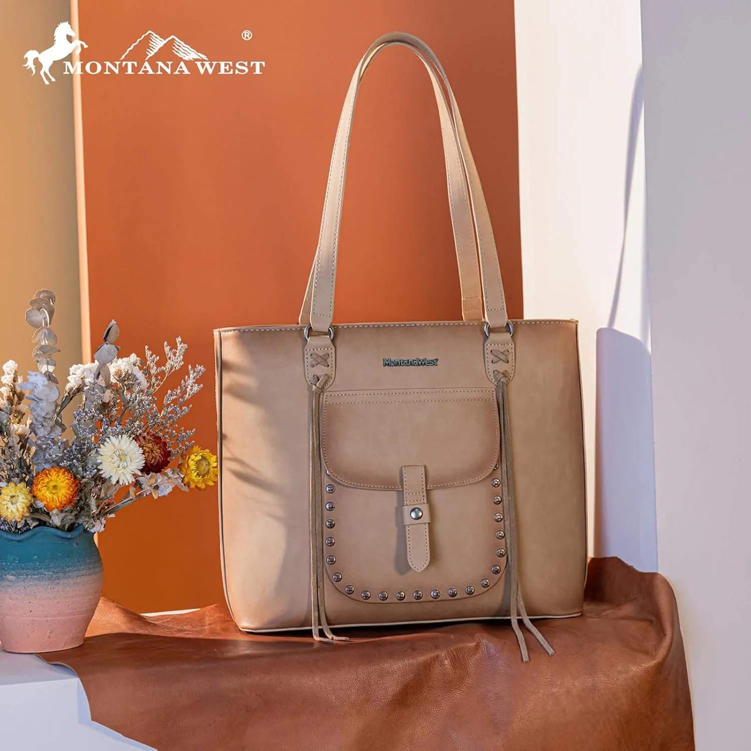 Montana West Western Two-Tone Large Tote Bag for Women Vintage Top Handle Ladies Shoulder Bags