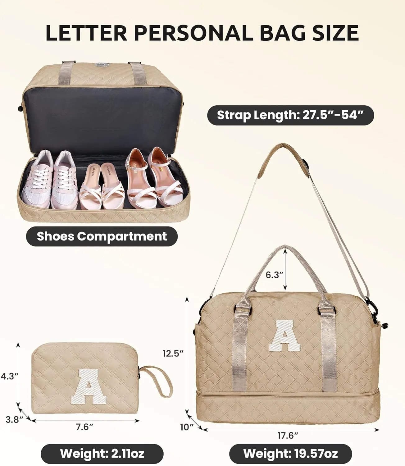 Mothers Day Gift Basket-Initial Kids Travel Bags with Shoe Compartment, Personalized Weekender Bag, Monogram Overnight Bag for Women, Travel Bag with Makeup Bag Teacher Gifts (Letter A)