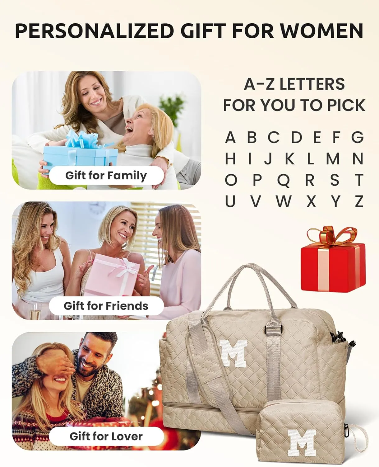 Mothers Day Gift Basket-Initial Kids Travel Bags with Shoe Compartment, Personalized Weekender Bag, Monogram Overnight Bag for Women, Travel Bag with Makeup Bag Teacher Gifts (Letter A)