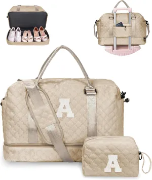 Mothers Day Gift Basket-Initial Kids Travel Bags with Shoe Compartment, Personalized Weekender Bag, Monogram Overnight Bag for Women, Travel Bag with Makeup Bag Teacher Gifts (Letter A)