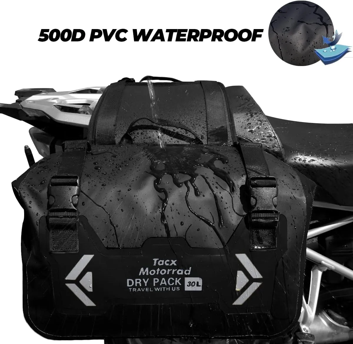 Motorcycle Saddle Bags Tail Bag, 30L Roll-top Waterproof Motor Detachable Side Trunk Bag, Motor Panniers Luggage Bag for Bike Motorcy