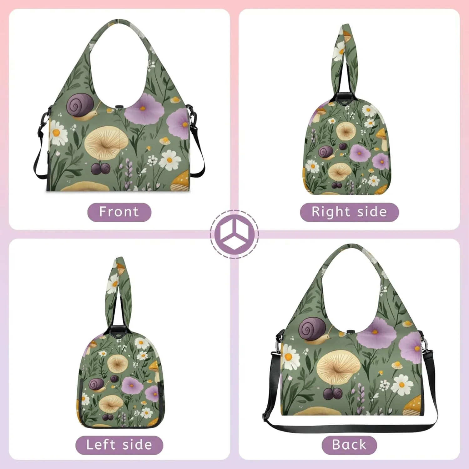 Mushrooms Snails Gym Bag Yoga Mat Tote for Women with Shoes Compartment Lightweight Duffle Travel Carrier Wet Dry Storage Pockets Adjustable Pilates Mats Shoulder Bags for Sport Swim