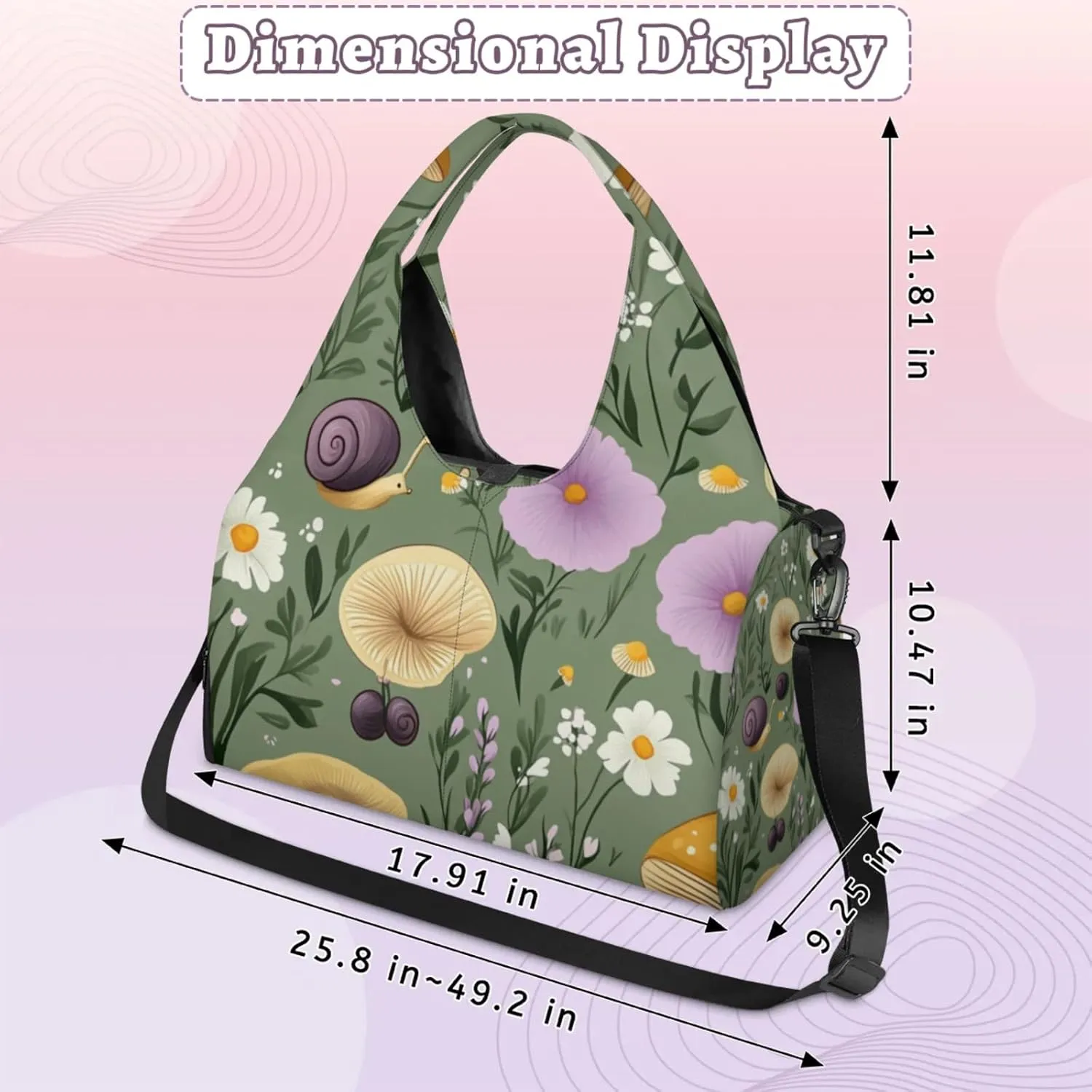 Mushrooms Snails Gym Bag Yoga Mat Tote for Women with Shoes Compartment Lightweight Duffle Travel Carrier Wet Dry Storage Pockets Adjustable Pilates Mats Shoulder Bags for Sport Swim