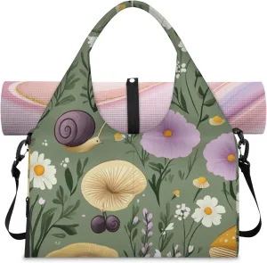 Mushrooms Snails Gym Bag Yoga Mat Tote for Women with Shoes Compartment Lightweight Duffle Travel Carrier Wet Dry Storage Pockets Adjustable Pilates Mats Shoulder Bags for Sport Swim