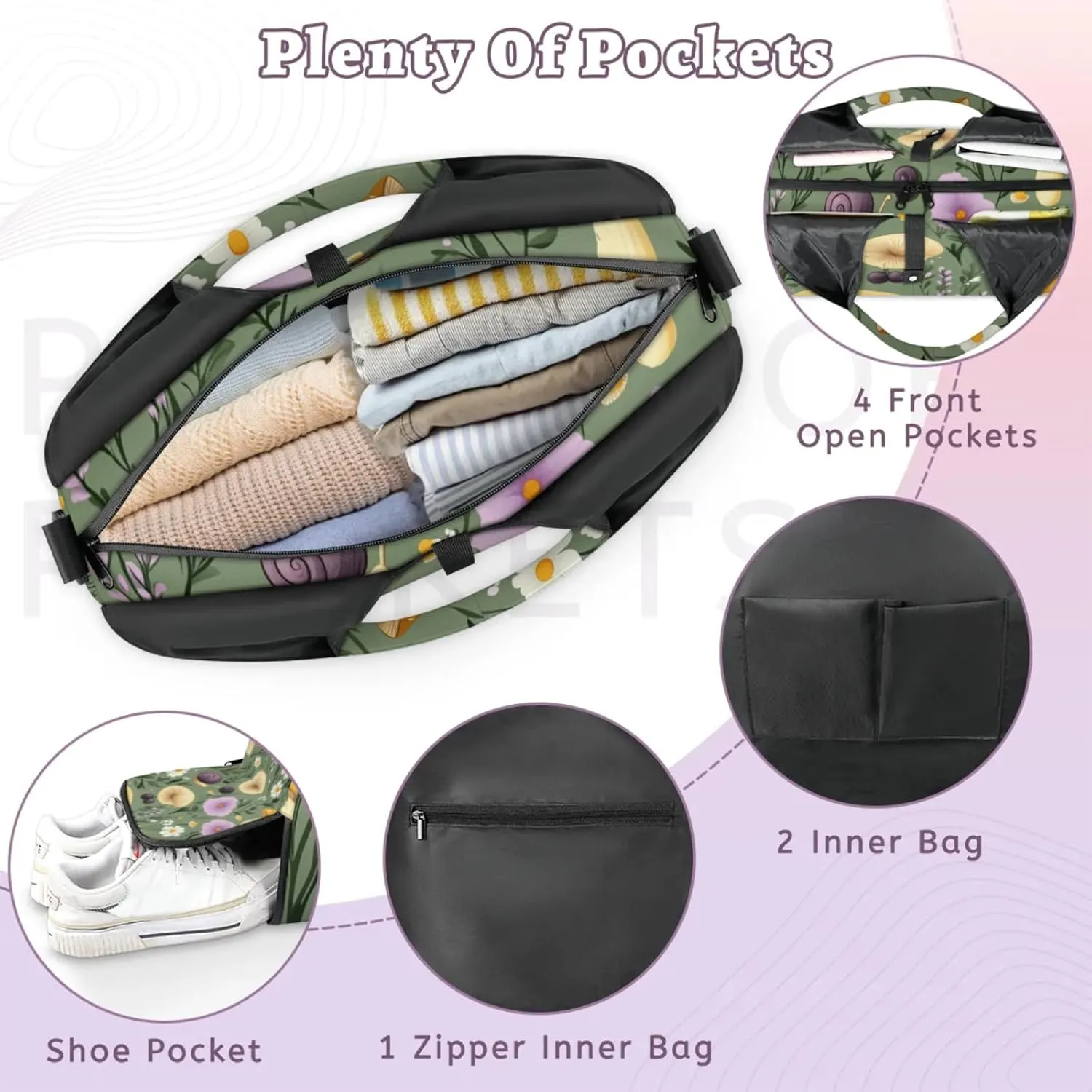 Mushrooms Snails Gym Bag Yoga Mat Tote for Women with Shoes Compartment Lightweight Duffle Travel Carrier Wet Dry Storage Pockets Adjustable Pilates Mats Shoulder Bags for Sport Swim