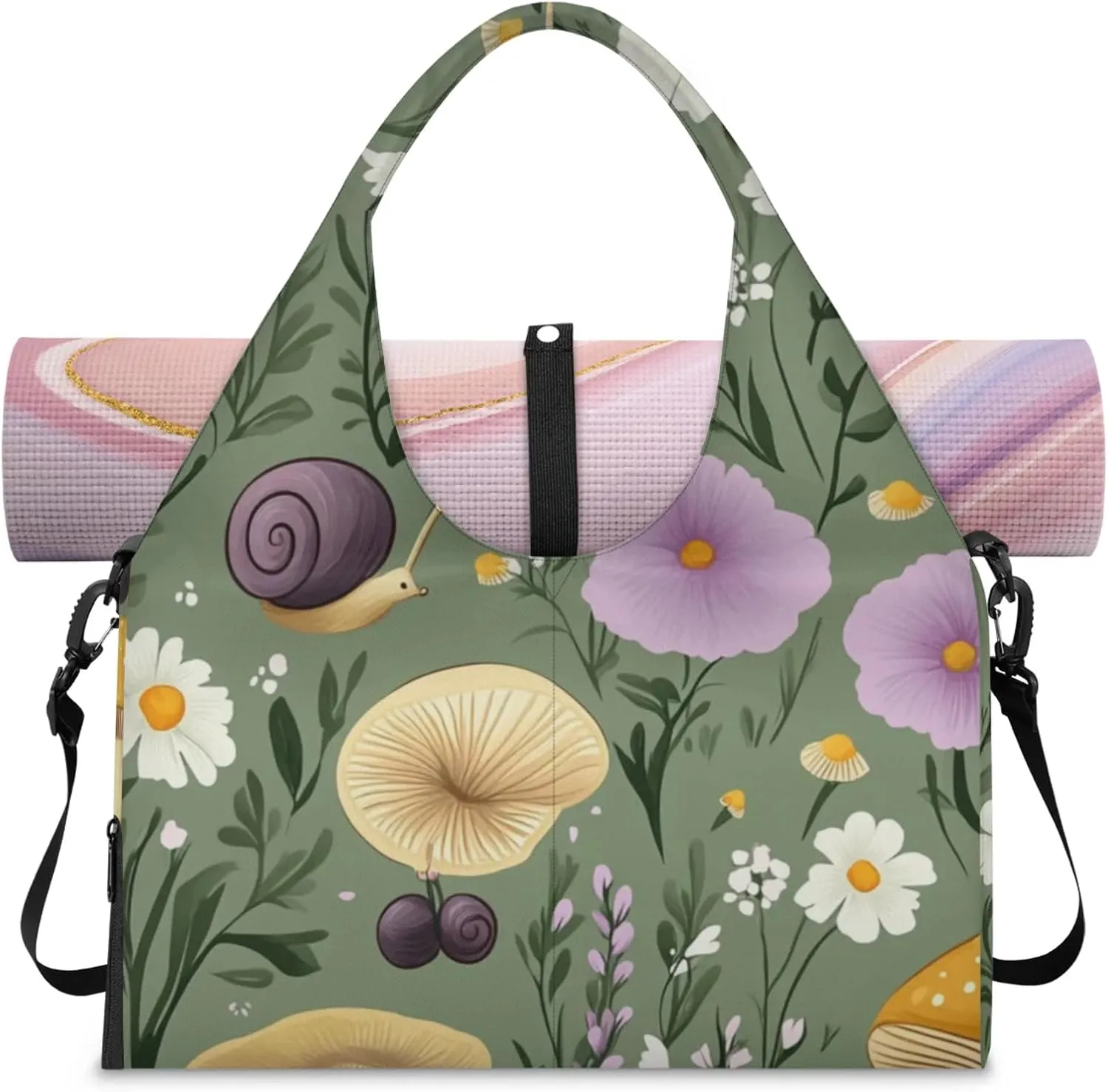 Mushrooms Snails Gym Bag Yoga Mat Tote for Women with Shoes Compartment Lightweight Duffle Travel Carrier Wet Dry Storage Pockets Adjustable Pilates Mats Shoulder Bags for Sport Swim