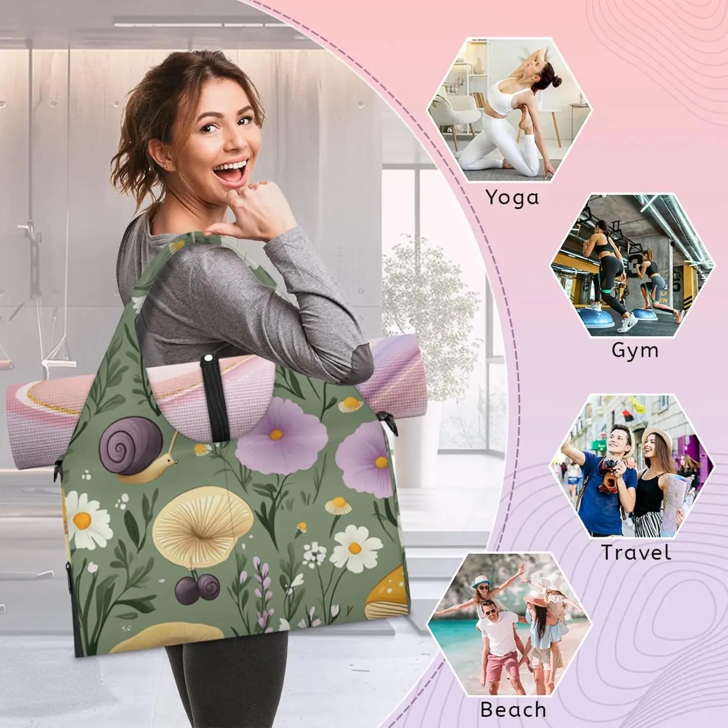 Mushrooms Snails Gym Bag Yoga Mat Tote for Women with Shoes Compartment Lightweight Duffle Travel Carrier Wet Dry Storage Pockets Adjustable Pilates Mats Shoulder Bags for Sport Swim