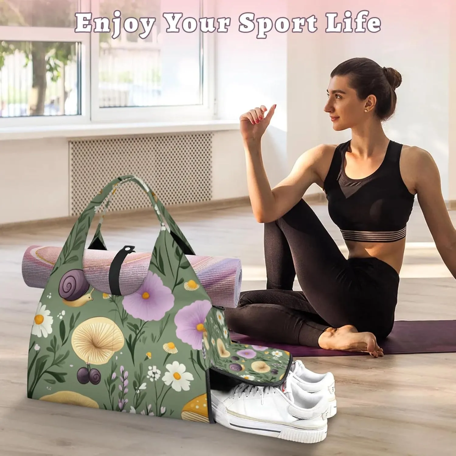 Mushrooms Snails Gym Bag Yoga Mat Tote for Women with Shoes Compartment Lightweight Duffle Travel Carrier Wet Dry Storage Pockets Adjustable Pilates Mats Shoulder Bags for Sport Swim