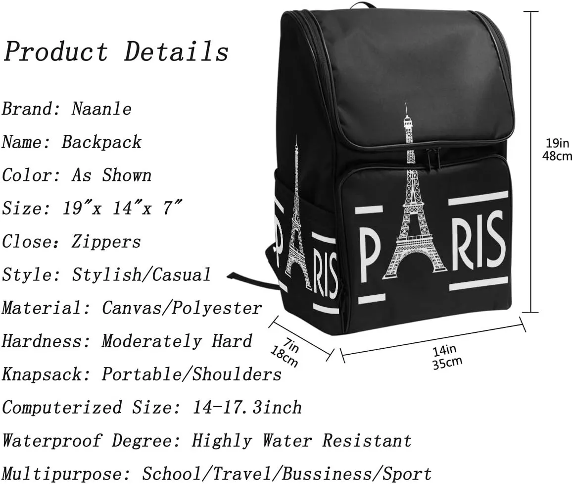Naanle Stylish Eiffel Tower Paris Black White Casual Man Woman Student Backpack Travel Computer Bag