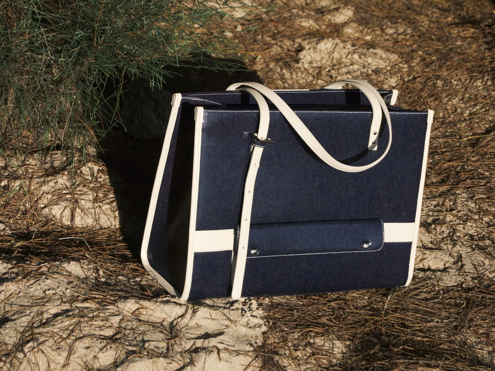 Navy Denim Leather Tote