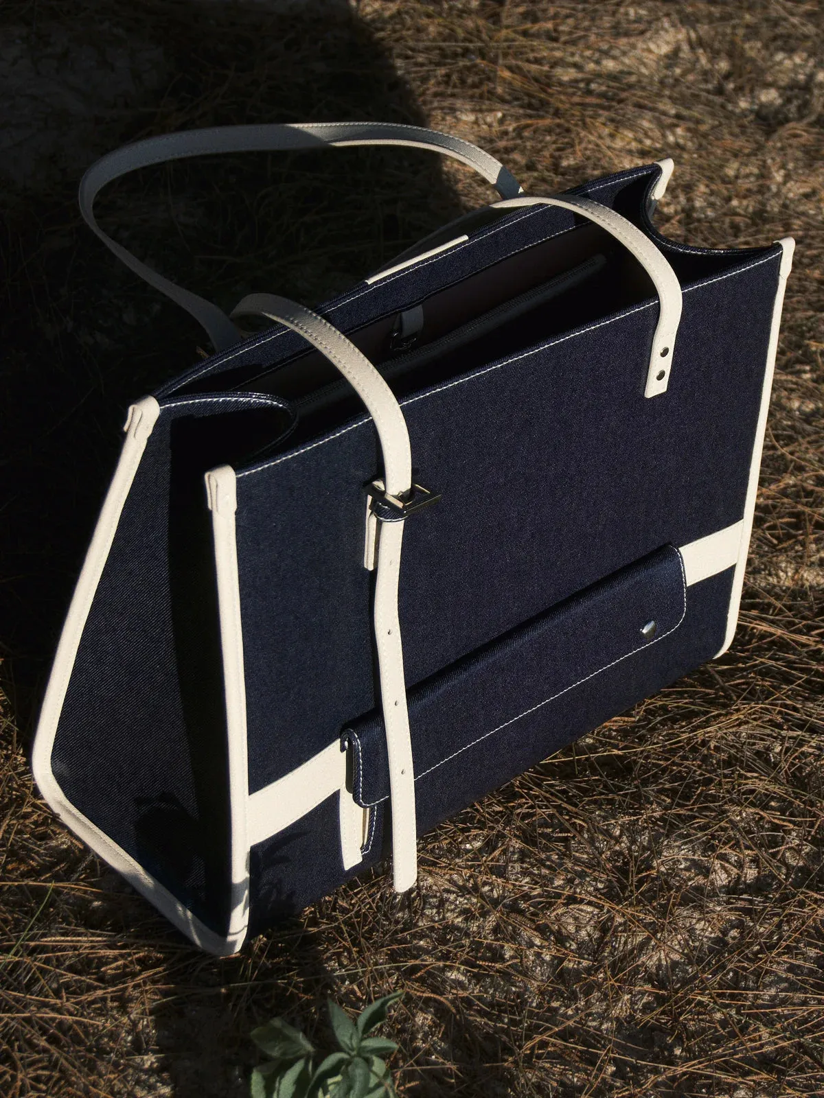 Navy Denim Leather Tote