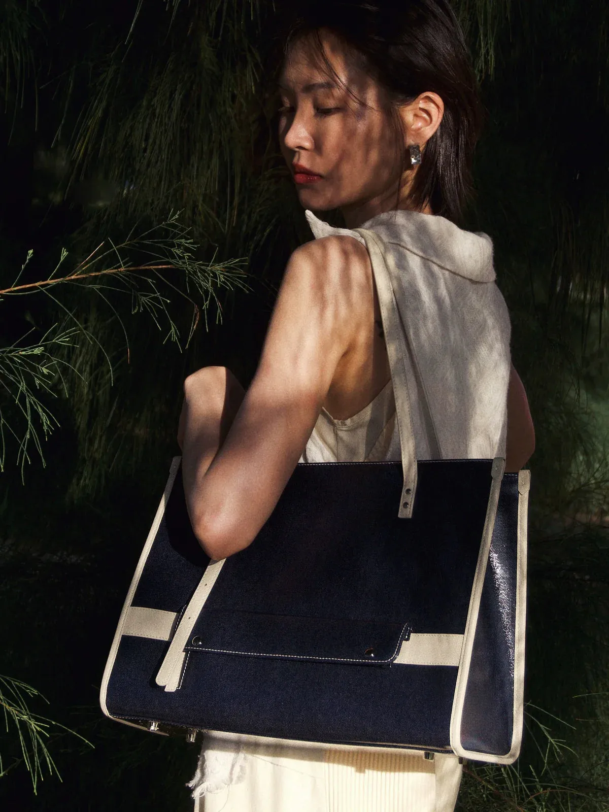 Navy Denim Leather Tote