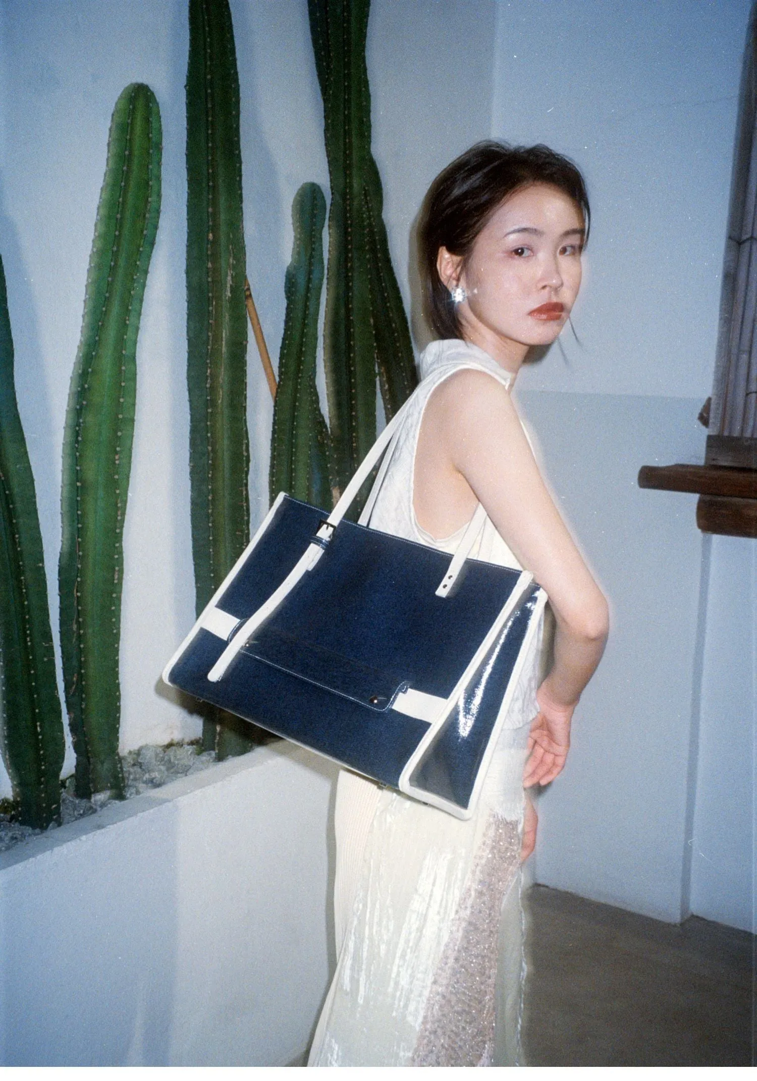 Navy Denim Leather Tote