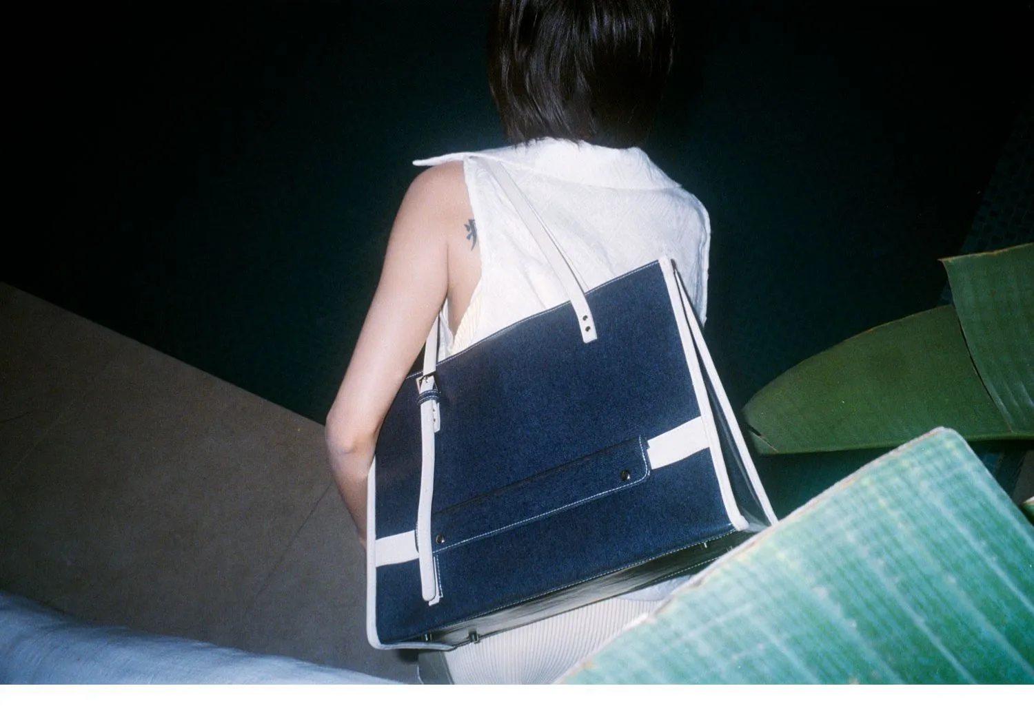 Navy Denim Leather Tote
