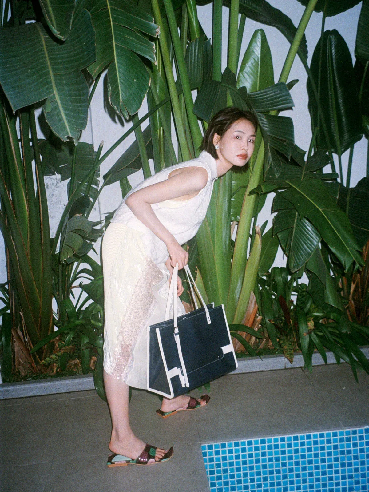 Navy Denim Leather Tote