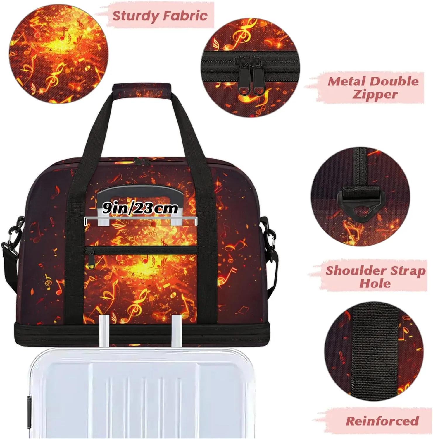 Notes Fire MusicTravel Duffel Bags for Women & Men Large Sports Gym Bags Foldie Weekender Overnight Bag Carry On Tote Bag With Shoe Compartment Personal Item Bag for Travel Sports Gym