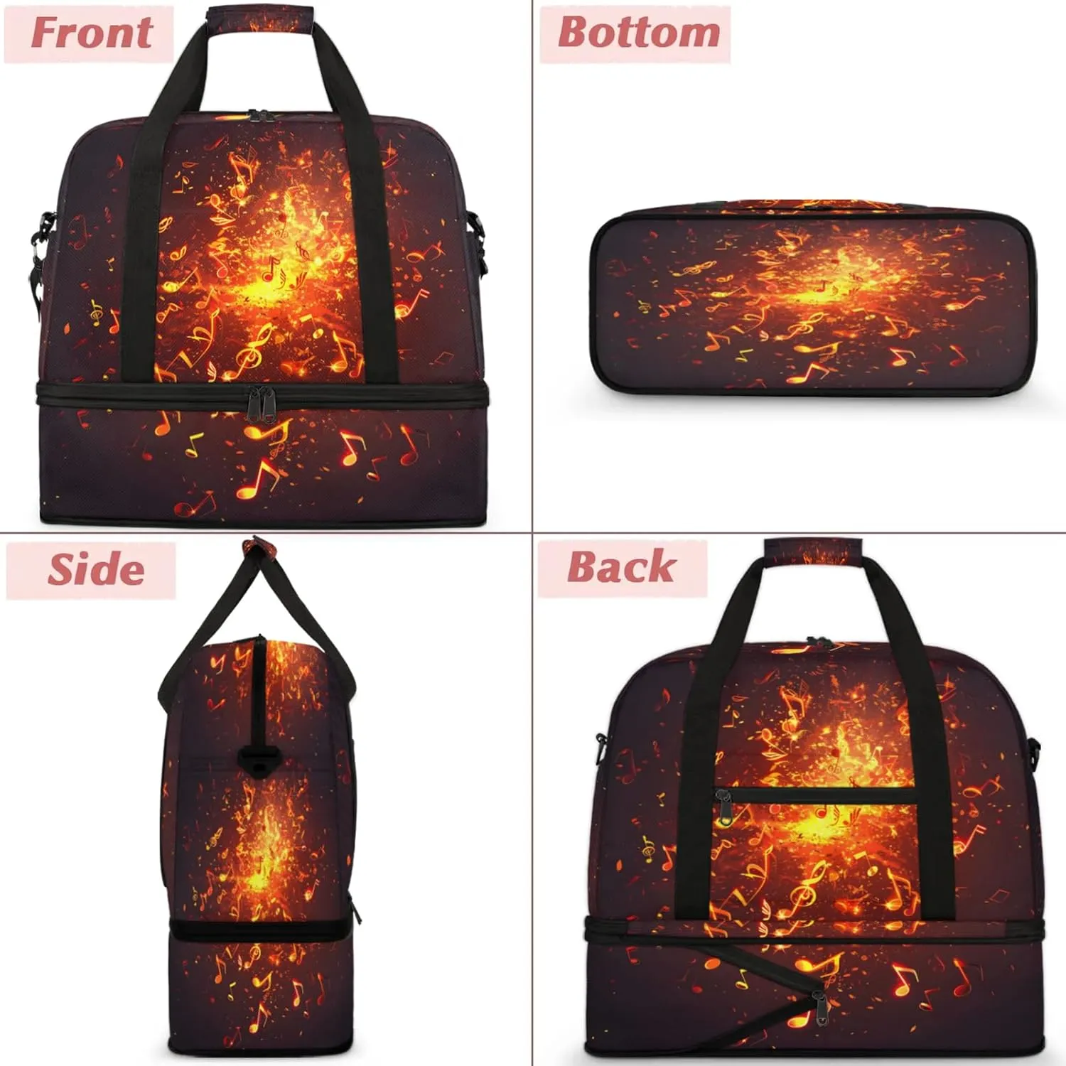 Notes Fire MusicTravel Duffel Bags for Women & Men Large Sports Gym Bags Foldie Weekender Overnight Bag Carry On Tote Bag With Shoe Compartment Personal Item Bag for Travel Sports Gym