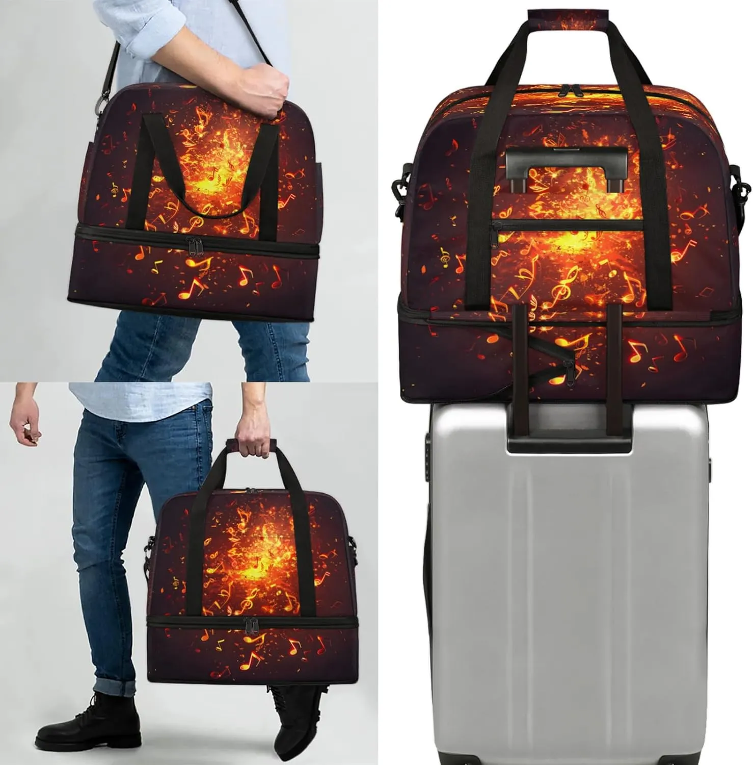 Notes Fire MusicTravel Duffel Bags for Women & Men Large Sports Gym Bags Foldie Weekender Overnight Bag Carry On Tote Bag With Shoe Compartment Personal Item Bag for Travel Sports Gym