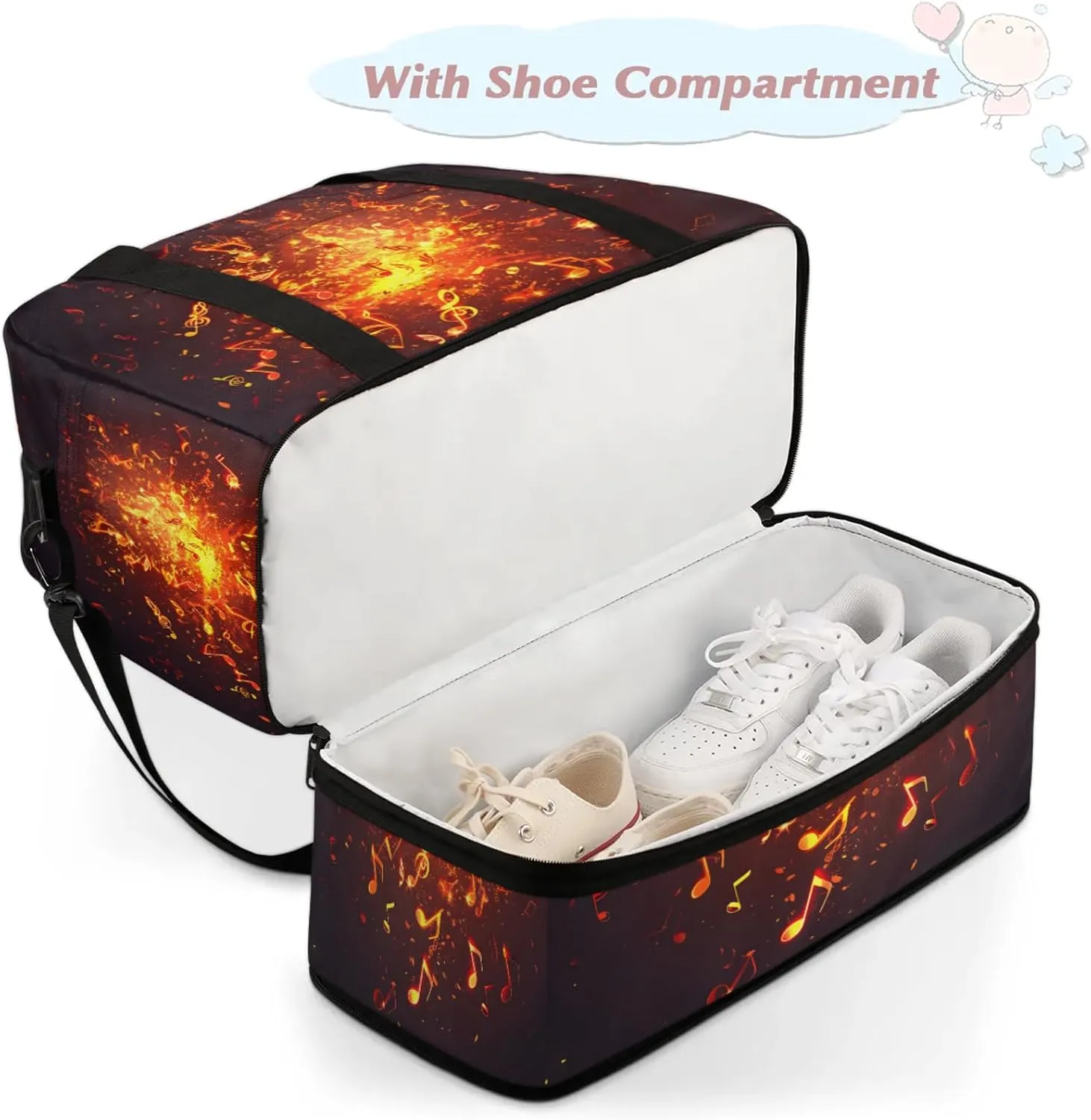Notes Fire MusicTravel Duffel Bags for Women & Men Large Sports Gym Bags Foldie Weekender Overnight Bag Carry On Tote Bag With Shoe Compartment Personal Item Bag for Travel Sports Gym