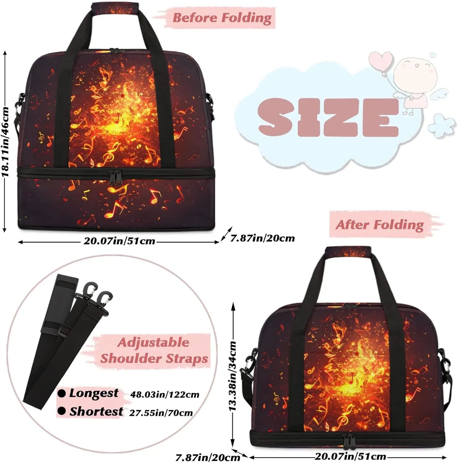 Notes Fire MusicTravel Duffel Bags for Women & Men Large Sports Gym Bags Foldie Weekender Overnight Bag Carry On Tote Bag With Shoe Compartment Personal Item Bag for Travel Sports Gym