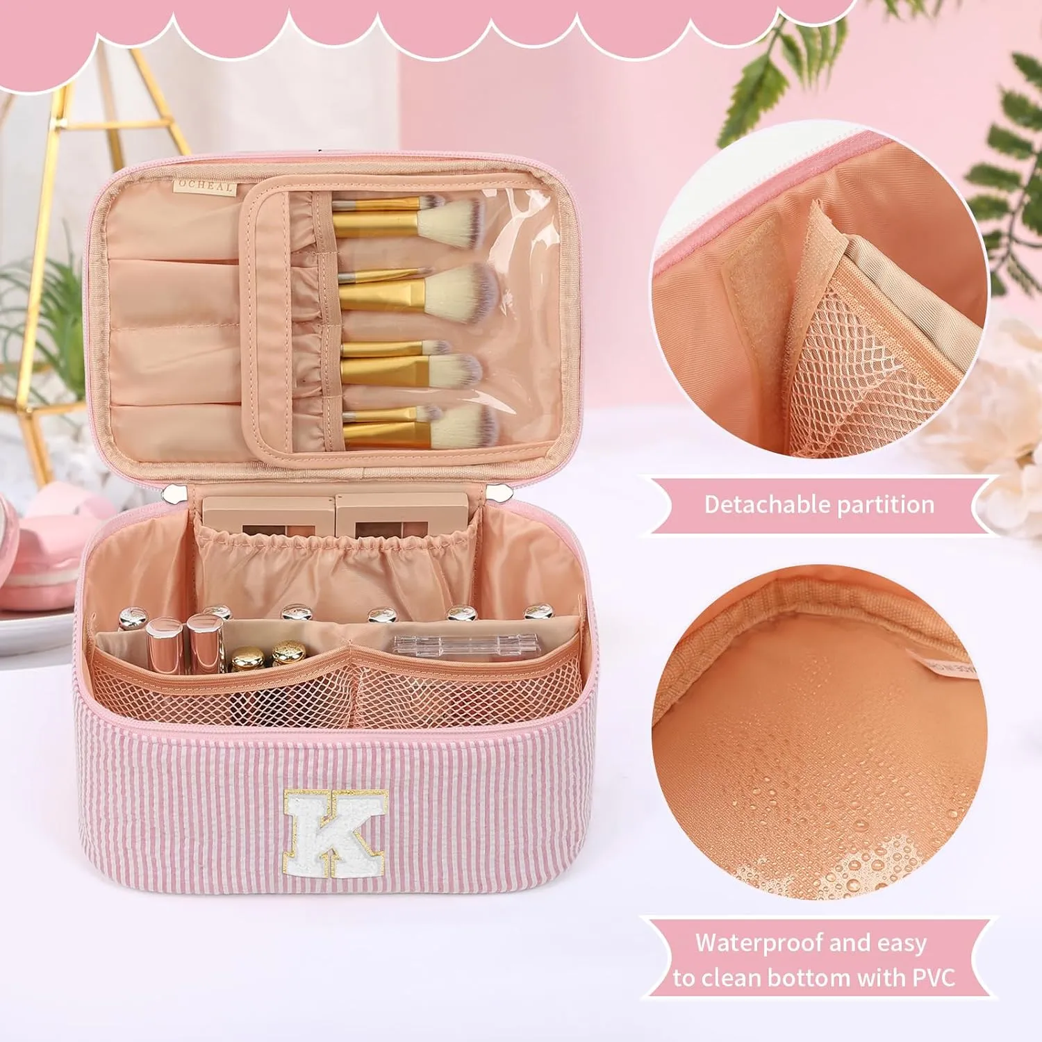 OCHEAL Personalized Makeup Bag for Women Monogram Travel Cosmetic Bag with Brush Holder and Divider, Pink Makeup Organizer Pouch Gift for Her Girls Bridesmaid, Sister, Wife, Friends Initial K