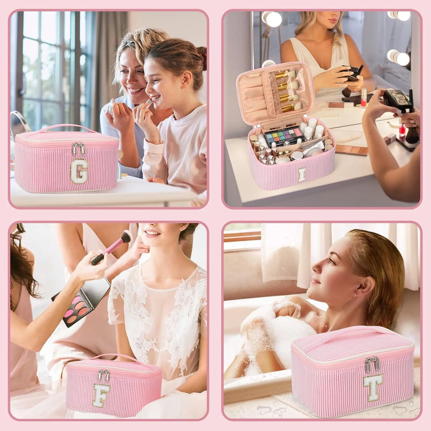 OCHEAL Personalized Makeup Bag for Women Monogram Travel Cosmetic Bag with Brush Holder and Divider, Pink Makeup Organizer Pouch Gift for Her Girls Bridesmaid, Sister, Wife, Friends Initial K