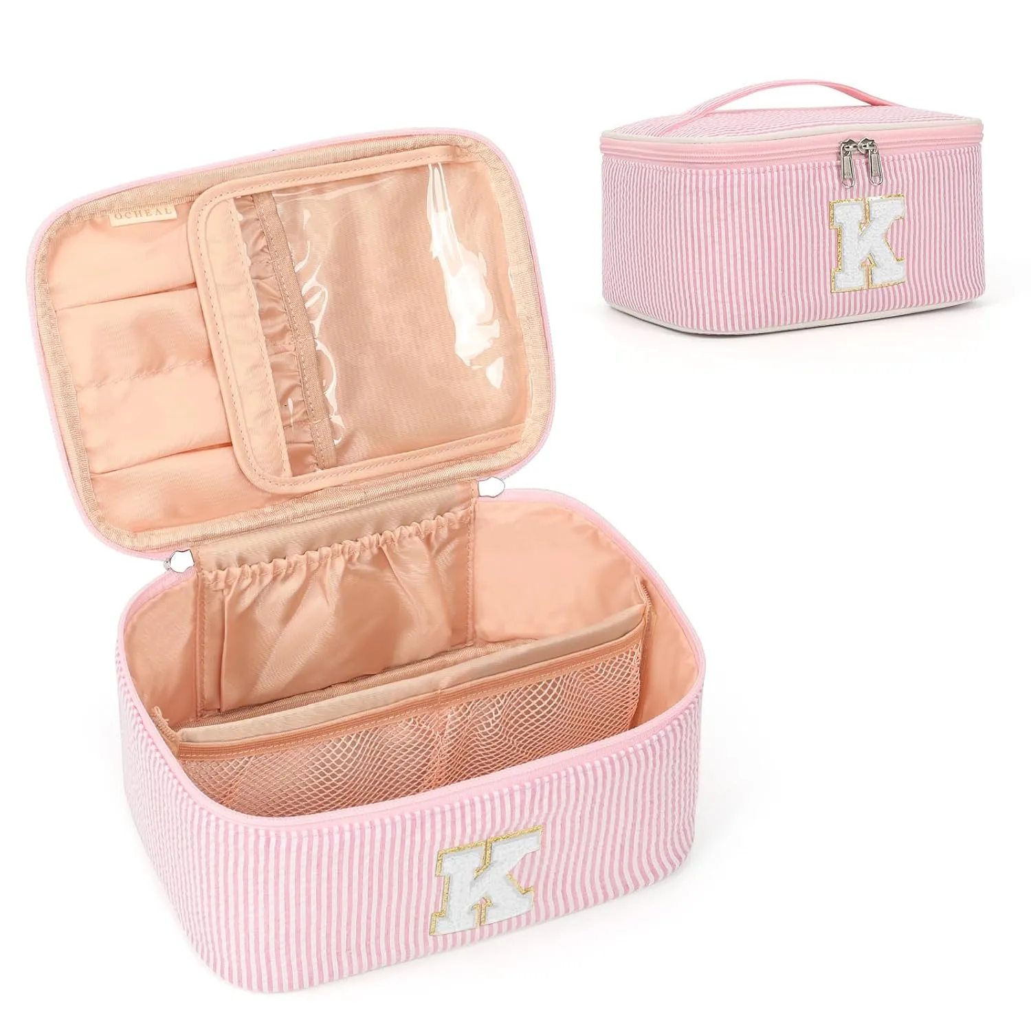 OCHEAL Personalized Makeup Bag for Women Monogram Travel Cosmetic Bag with Brush Holder and Divider, Pink Makeup Organizer Pouch Gift for Her Girls Bridesmaid, Sister, Wife, Friends Initial K