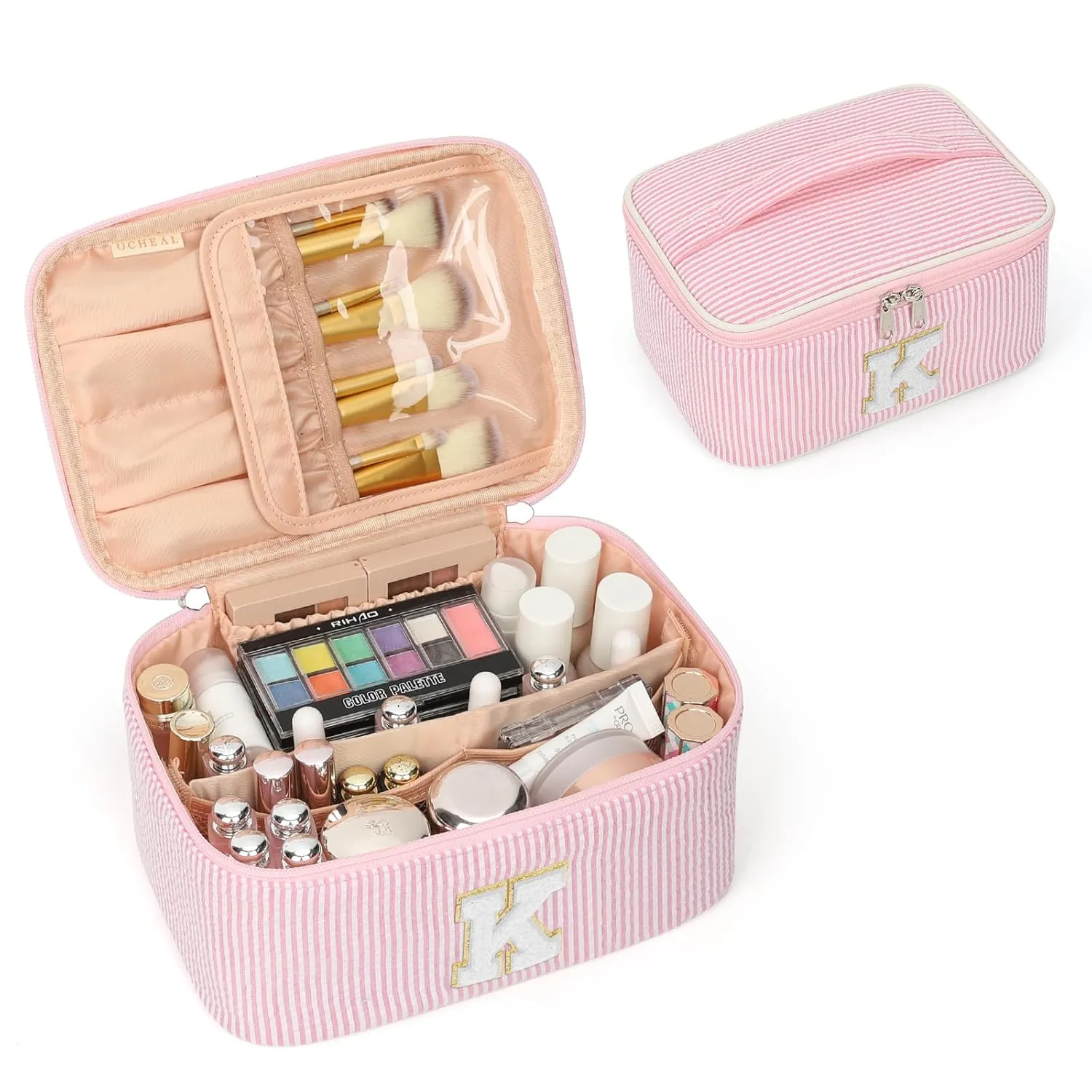 OCHEAL Personalized Makeup Bag for Women Monogram Travel Cosmetic Bag with Brush Holder and Divider, Pink Makeup Organizer Pouch Gift for Her Girls Bridesmaid, Sister, Wife, Friends Initial K