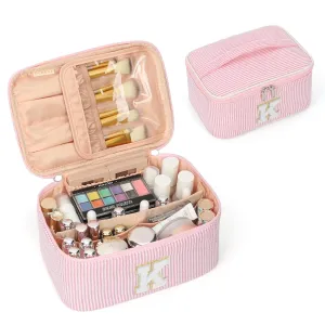 OCHEAL Personalized Makeup Bag for Women Monogram Travel Cosmetic Bag with Brush Holder and Divider, Pink Makeup Organizer Pouch Gift for Her Girls Bridesmaid, Sister, Wife, Friends Initial K