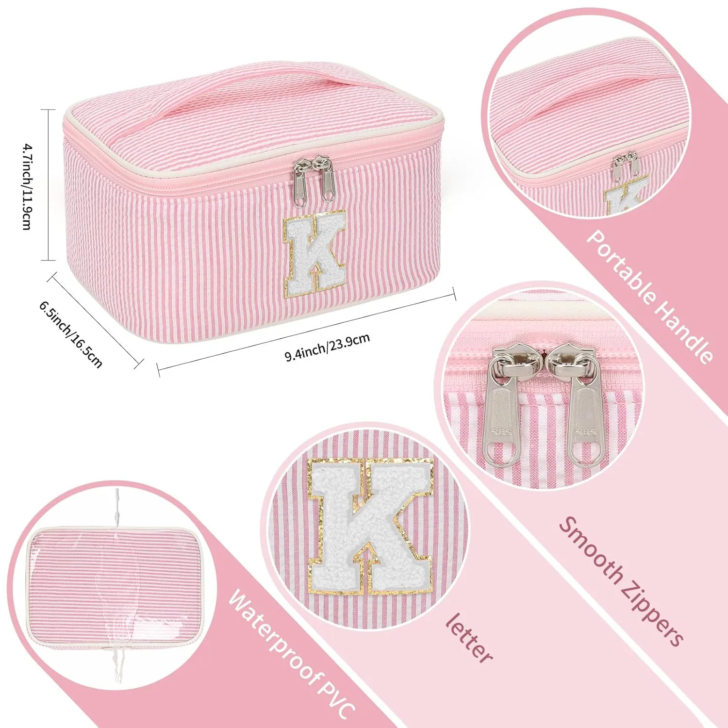 OCHEAL Personalized Makeup Bag for Women Monogram Travel Cosmetic Bag with Brush Holder and Divider, Pink Makeup Organizer Pouch Gift for Her Girls Bridesmaid, Sister, Wife, Friends Initial K