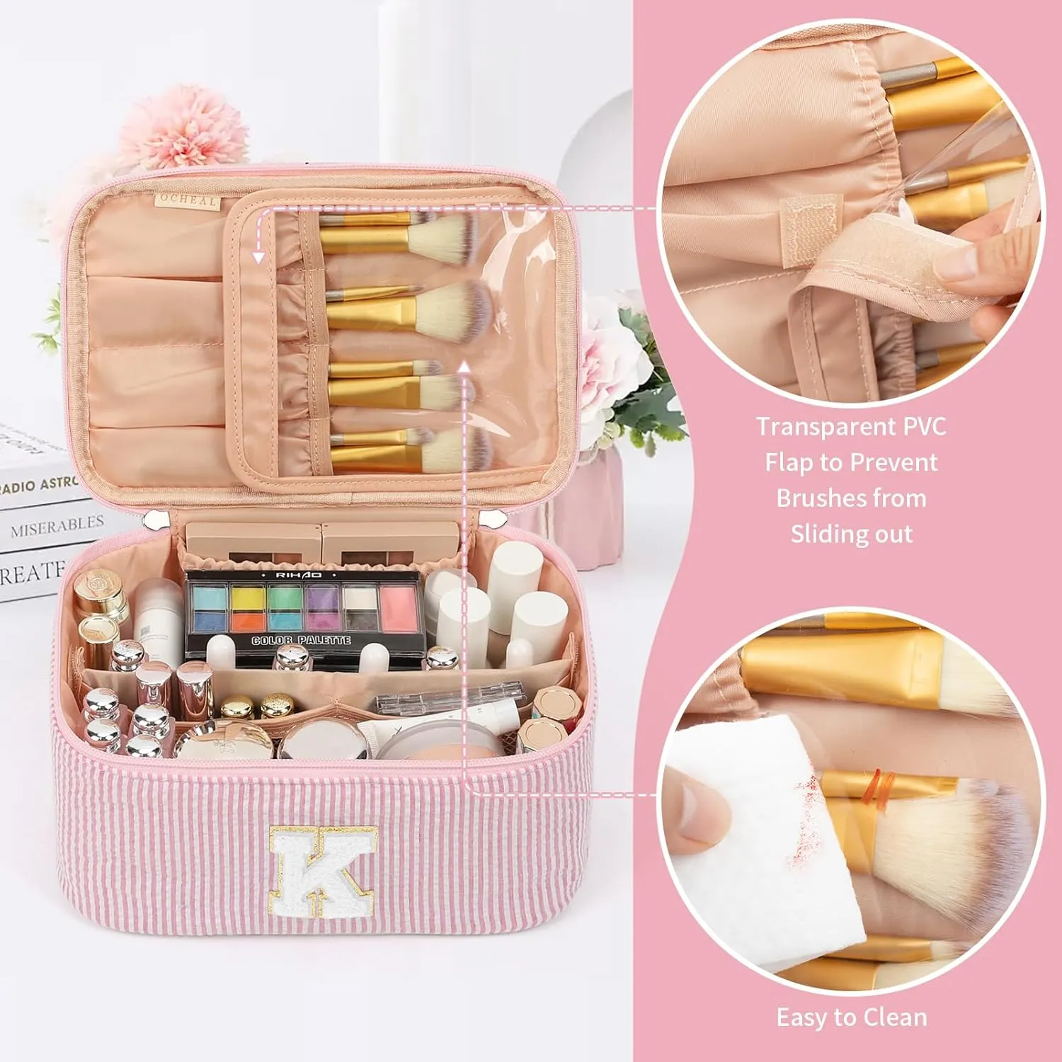 OCHEAL Personalized Makeup Bag for Women Monogram Travel Cosmetic Bag with Brush Holder and Divider, Pink Makeup Organizer Pouch Gift for Her Girls Bridesmaid, Sister, Wife, Friends Initial K