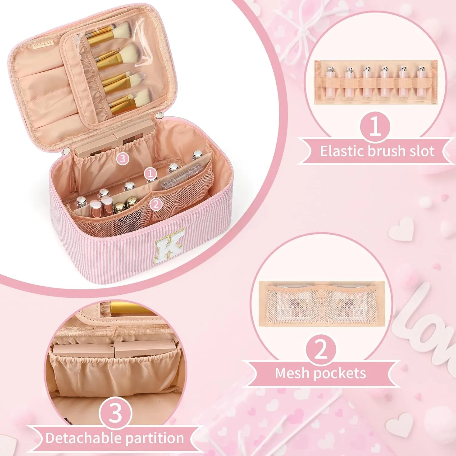 OCHEAL Personalized Makeup Bag for Women Monogram Travel Cosmetic Bag with Brush Holder and Divider, Pink Makeup Organizer Pouch Gift for Her Girls Bridesmaid, Sister, Wife, Friends Initial K