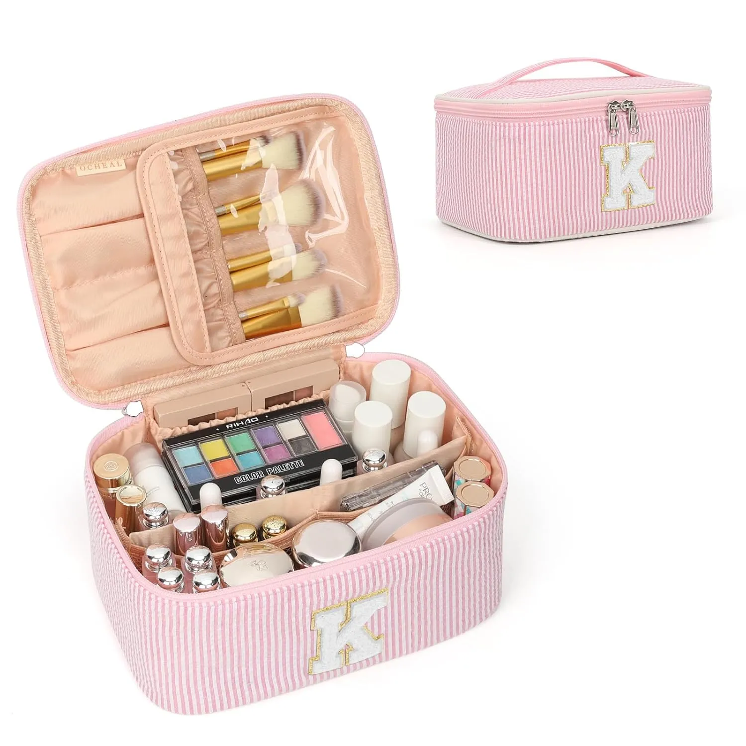 OCHEAL Personalized Makeup Bag for Women Monogram Travel Cosmetic Bag with Brush Holder and Divider, Pink Makeup Organizer Pouch Gift for Her Girls Bridesmaid, Sister, Wife, Friends Initial K