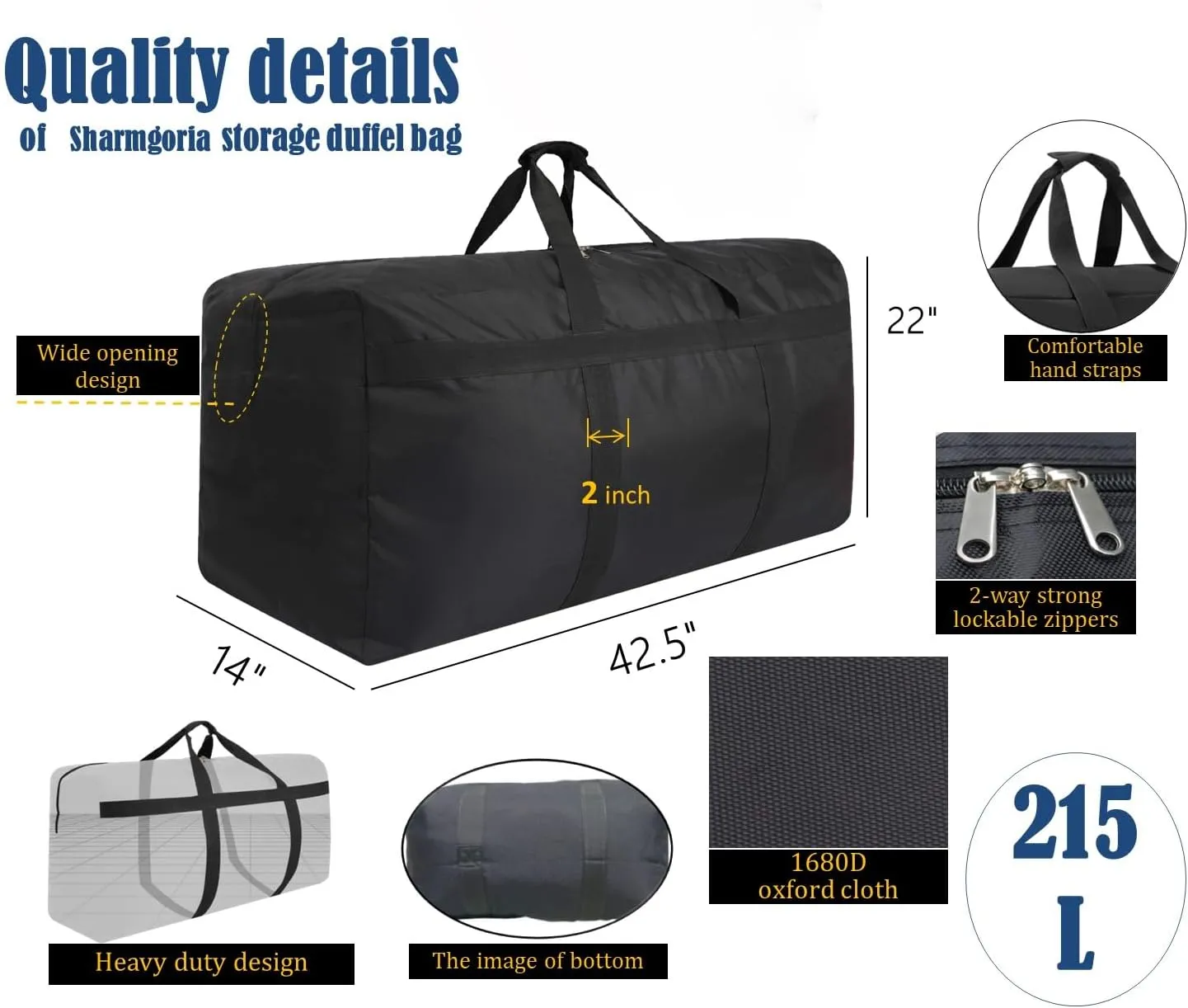 Oversized Storage Duffel Bags Heavy Duty Moving Bags with Zippers and Handles Great for Moving, Traveling, Camping, Large Items Storage and More (215L Black)