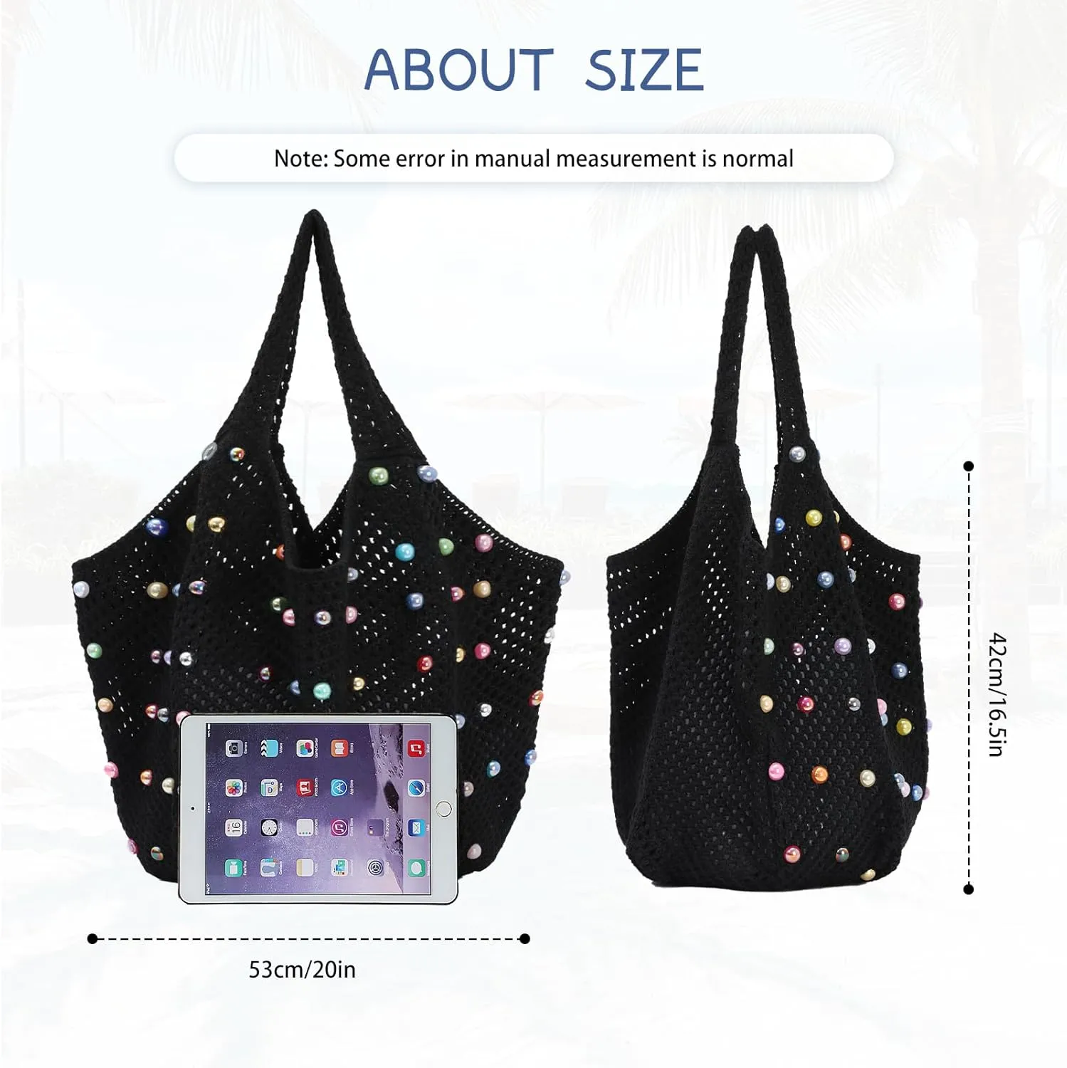 Oweisong Cute Beach Bags for Women Summer Beaded Crochet Tote Boho Woven Mesh Shoulder Handbag for Vacation Travel