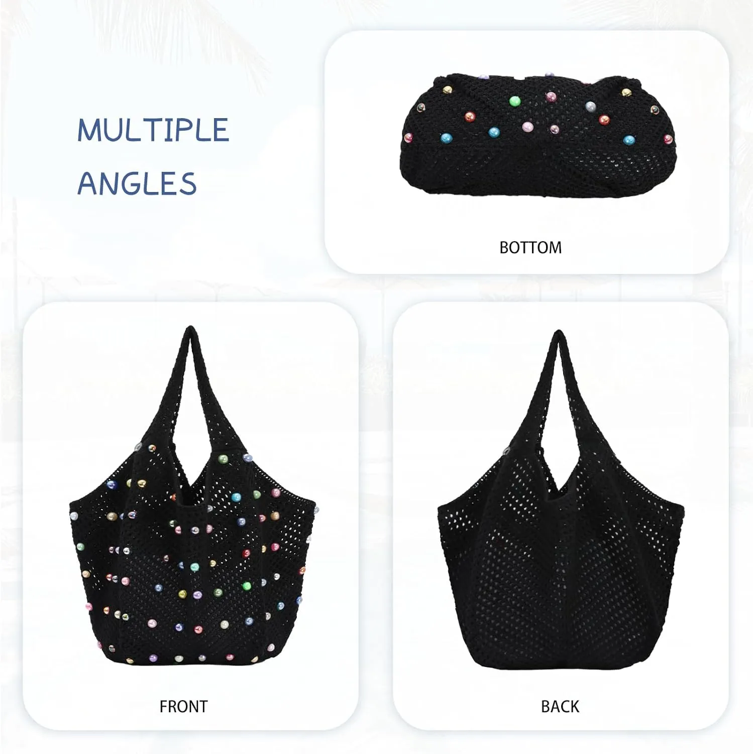 Oweisong Cute Beach Bags for Women Summer Beaded Crochet Tote Boho Woven Mesh Shoulder Handbag for Vacation Travel