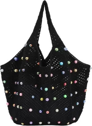 Oweisong Cute Beach Bags for Women Summer Beaded Crochet Tote Boho Woven Mesh Shoulder Handbag for Vacation Travel