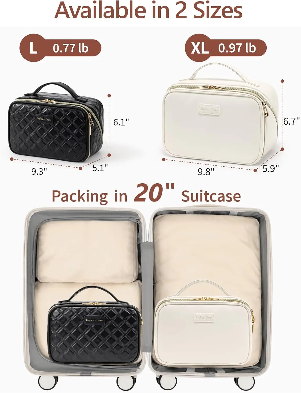 PACKISM PU Leather Cosmetic Bags for Women - Plaid Open Flat Travel Cosmetic Case with Compartments, Brush Holder Handle, Waterproof Skincare Bag Fits Travel Bathroom Cruise, Black (L)