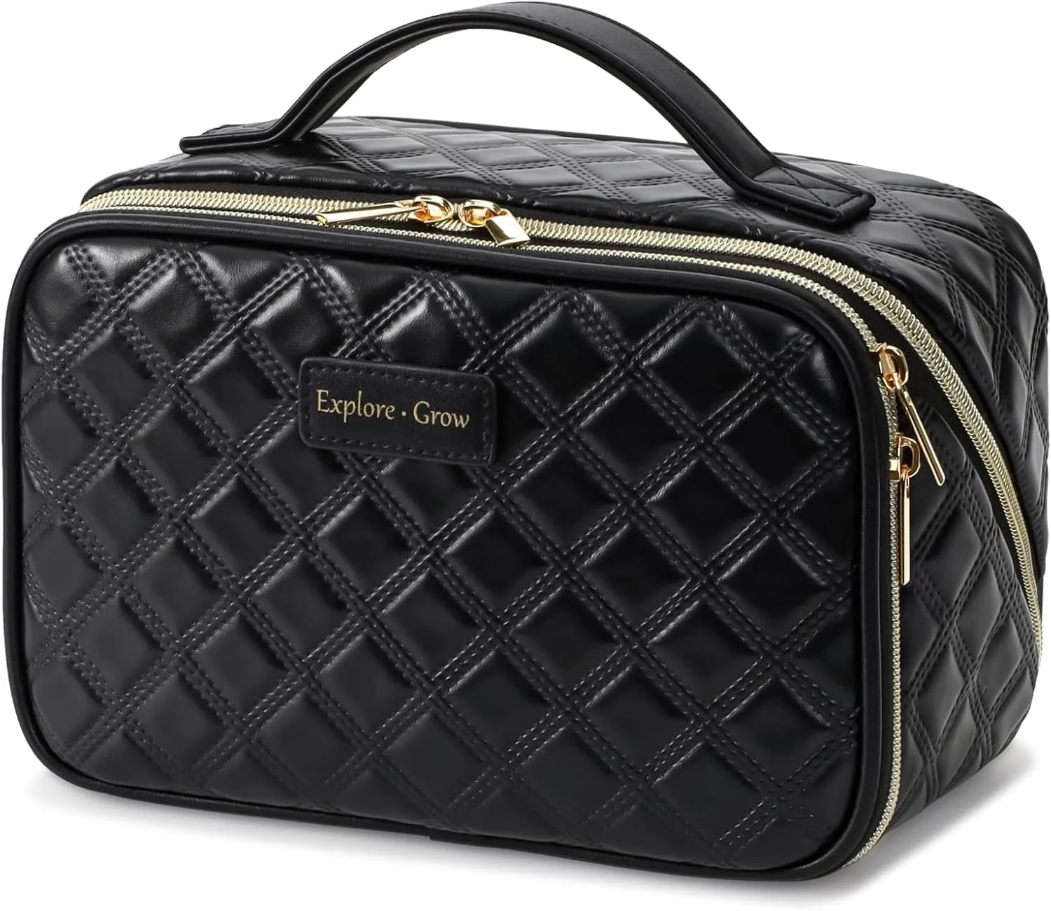 PACKISM PU Leather Cosmetic Bags for Women - Plaid Open Flat Travel Cosmetic Case with Compartments, Brush Holder Handle, Waterproof Skincare Bag Fits Travel Bathroom Cruise, Black (L)