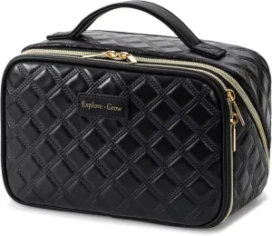 PACKISM PU Leather Cosmetic Bags for Women - Plaid Open Flat Travel Cosmetic Case with Compartments, Brush Holder Handle, Waterproof Skincare Bag Fits Travel Bathroom Cruise, Black (L)