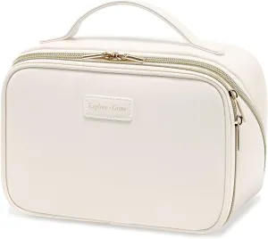 PACKISM PU Leather Makeup Bags for Women - Extra Large Makeup Bag for Travel with Stand-up Makeup Brush Storage for Easy Access, Open Flat Make Up Bag Fit Travel Bathroom Cruise, Cream (XL)