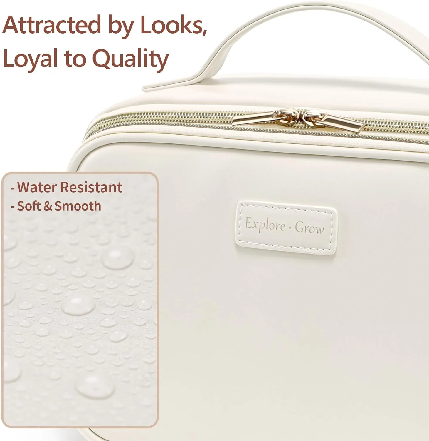 PACKISM PU Leather Makeup Bags for Women - Extra Large Makeup Bag for Travel with Stand-up Makeup Brush Storage for Easy Access, Open Flat Make Up Bag Fit Travel Bathroom Cruise, Cream (XL)